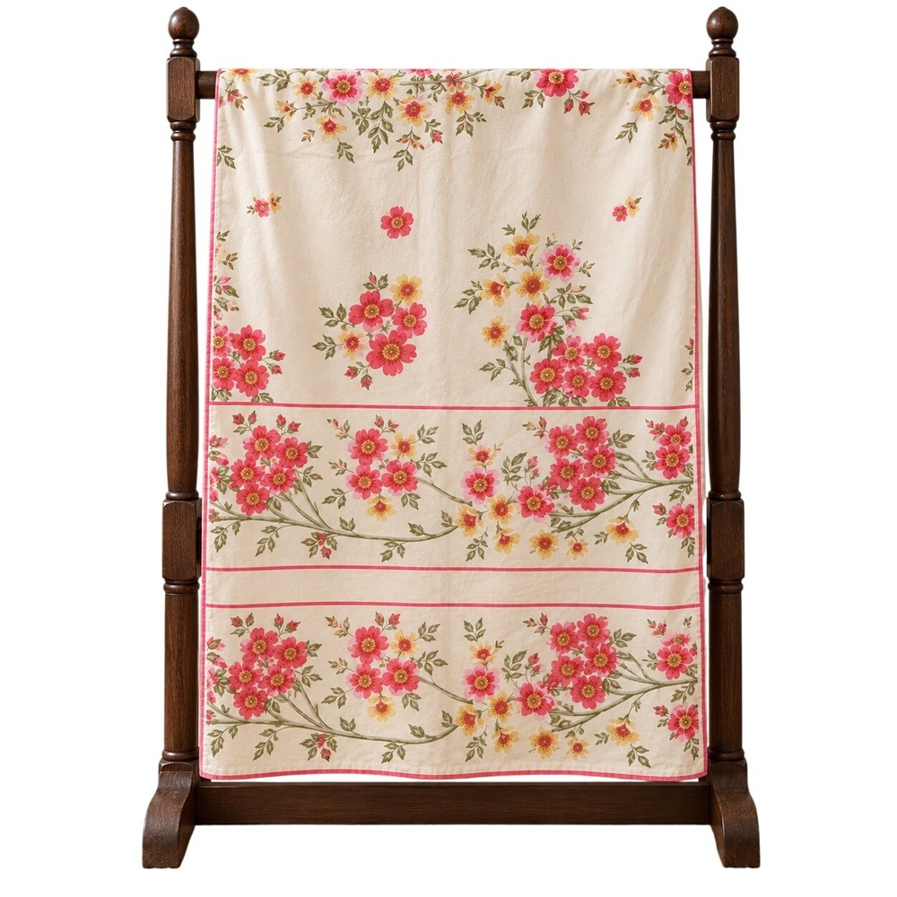 Vintage April Cornell Floral Tablecloth 146"x96" 100% Cotton Pink Yellow Cottage